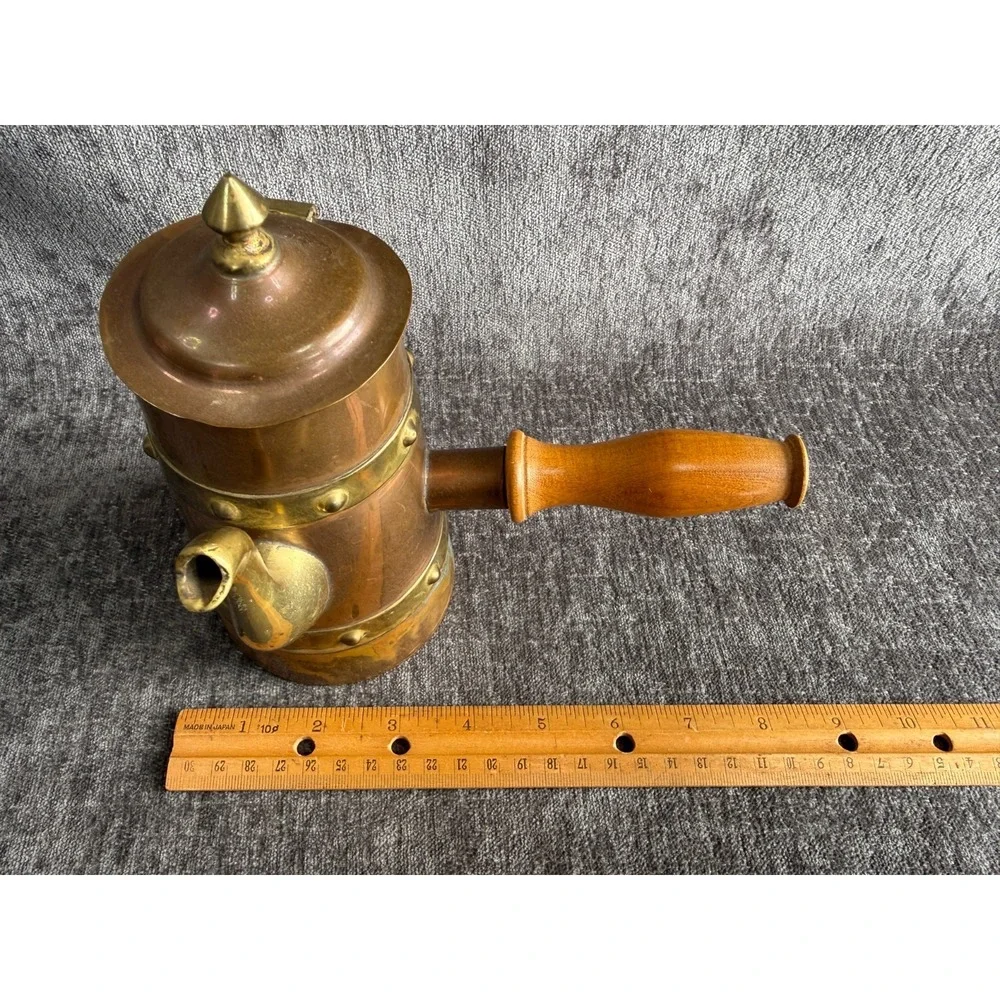 Vintage Handcrafted Mexican Copper Brass Coffee Pot Pitcher Wood Handle 7.5